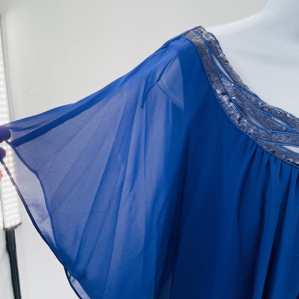 JR Nites by Carol Lin Blue Chiffon Sequin Neck Short Dolman Sleeve Dressy Top 14 - Picture 6 of 9